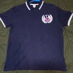 Skinhead style poll shirt. Black, white trim, skinhead laurels